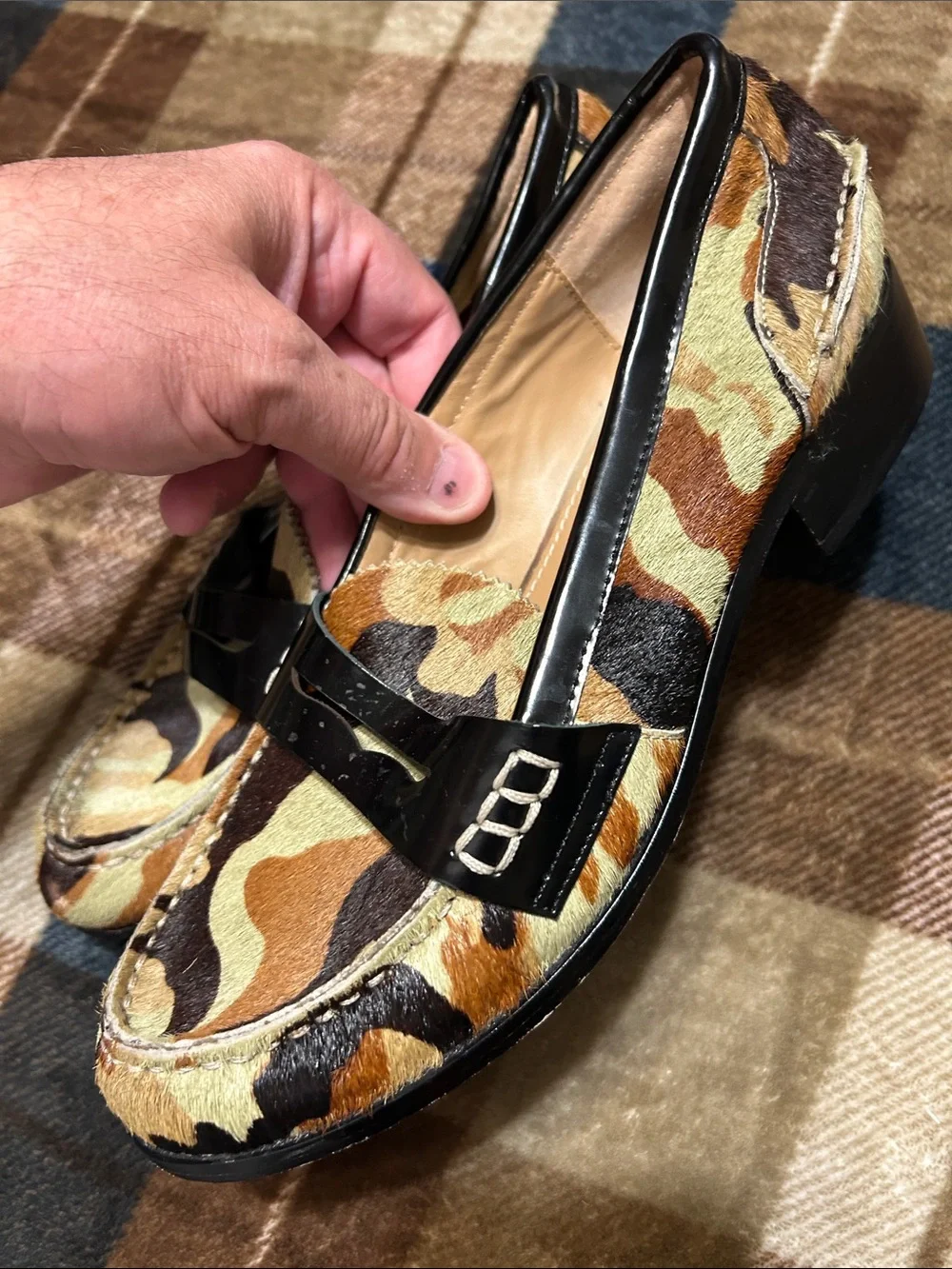 Women's Camouflage Pony Hair Penny Loafers with Black Trim